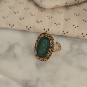 Sezane Brass Gold Color & Green Statement Ring, French Chic, Vintage Look, EUC